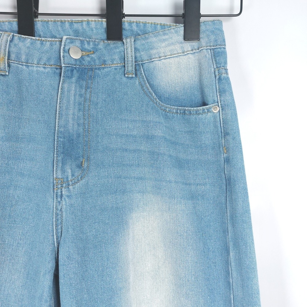 Shein Womens High Waist Wideleg Straight Jeans Sz L Distressed Pockets Lt Blue - Picture 3 of 8